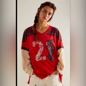 Free People Halftime Tee We The Free Graphic Embroider Beaded Moltan Lava - M